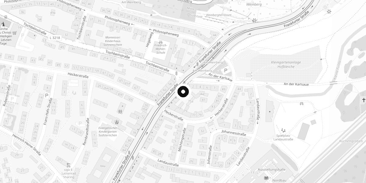 Kartenausschnitt: der Salon liegt in der Frankfurter Straße 51 in Kassel, direkt am Weinberg